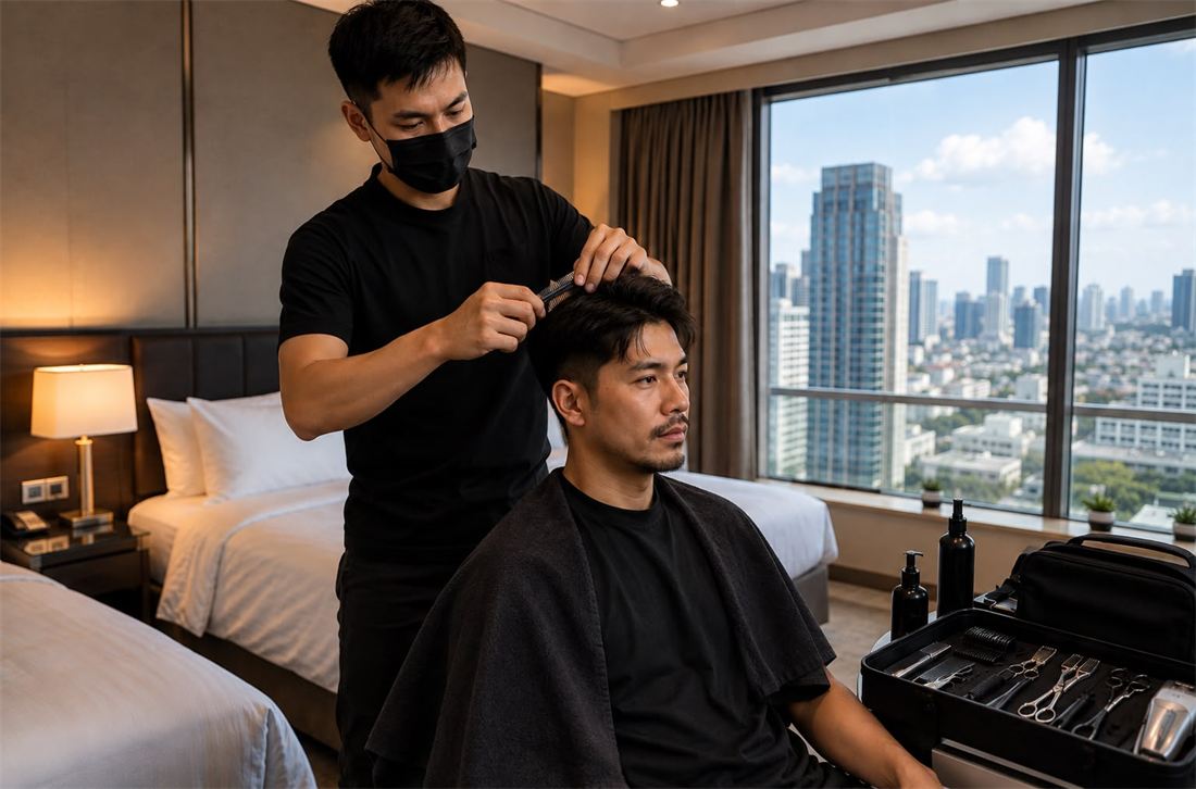 Mobile barber giving a haircut at home in Thailand